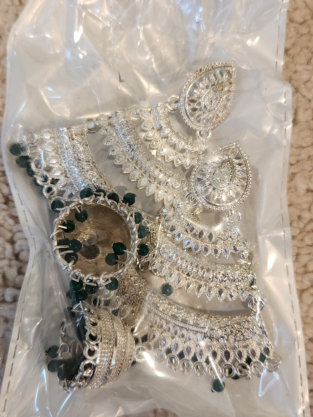 Silver-Tone Filigree Chandbali Earrings with Green Beads - Unbranded